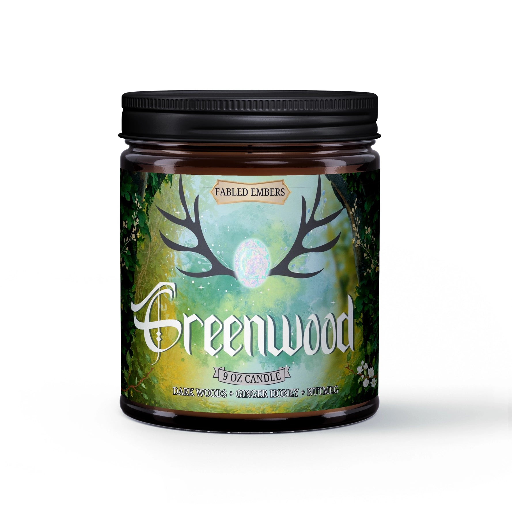 Candle jar with 'Greenwood' label featuring antlers on a white background