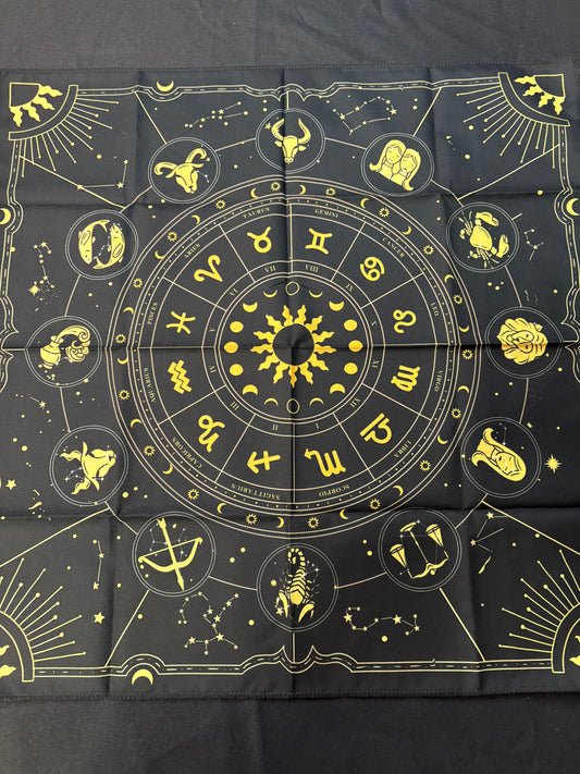 Black fabric with yellow zodiac symbols arranged in a circular pattern
