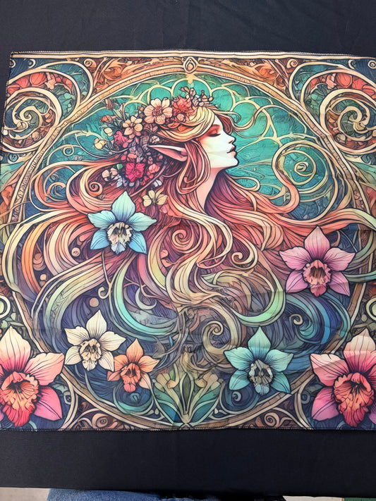 Colorful art piece of a woman with flowing hair and flowers, on a black background.