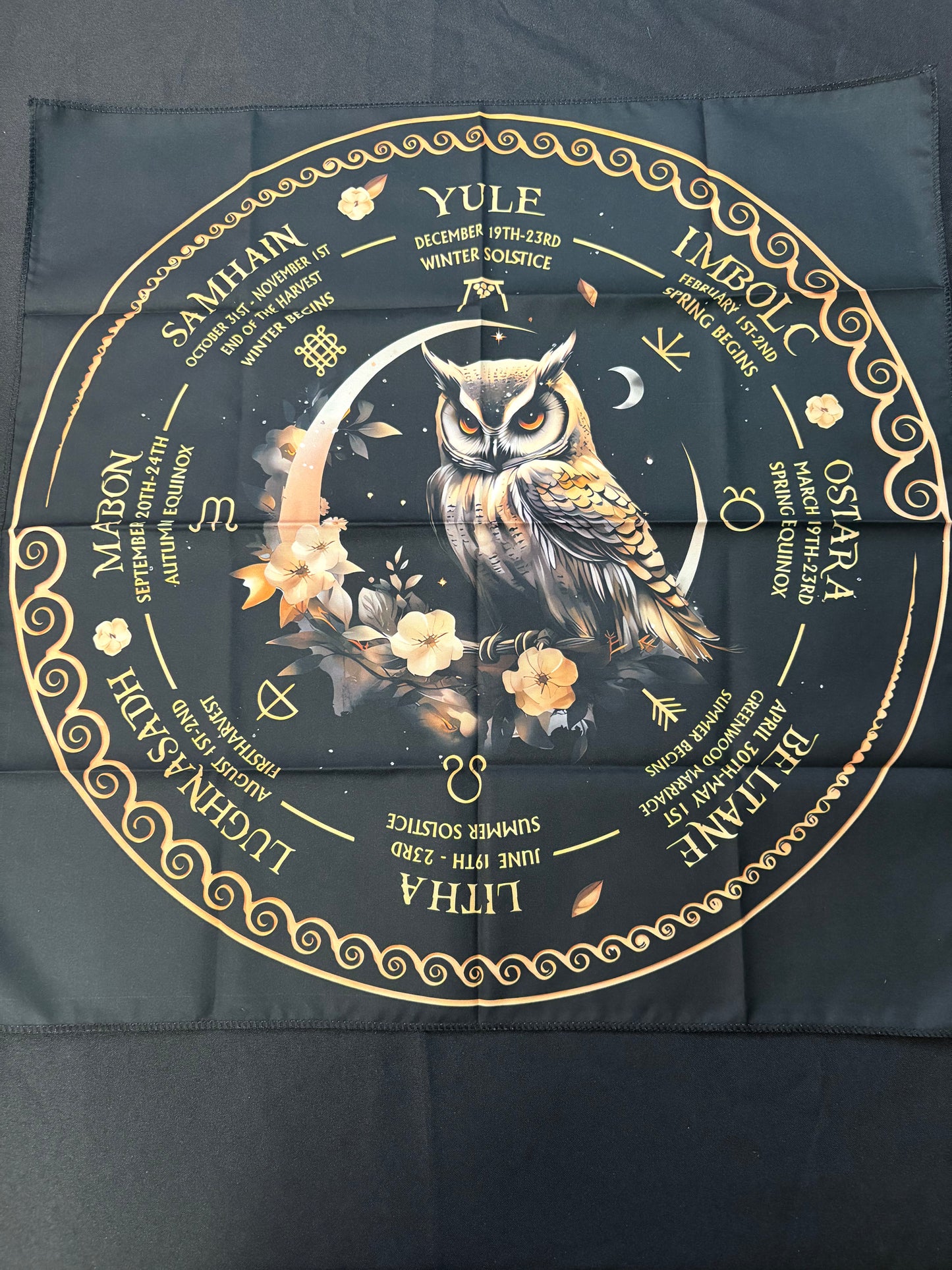 Black and gold circular design with an owl and astrological symbols on a dark background