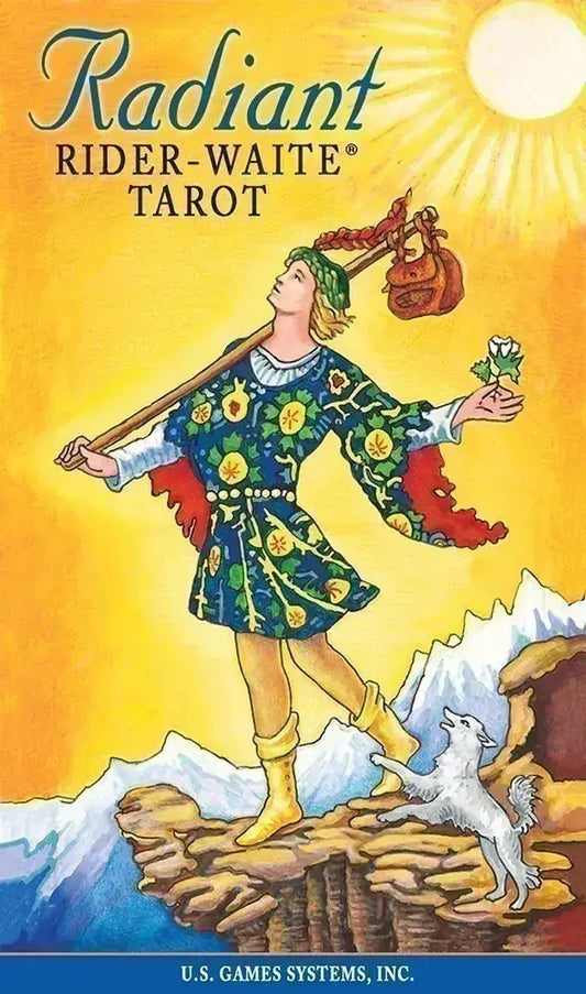 Cover of Radiant Rider-Waite Tarot with a person in a colorful dress standing on a mountain peak.