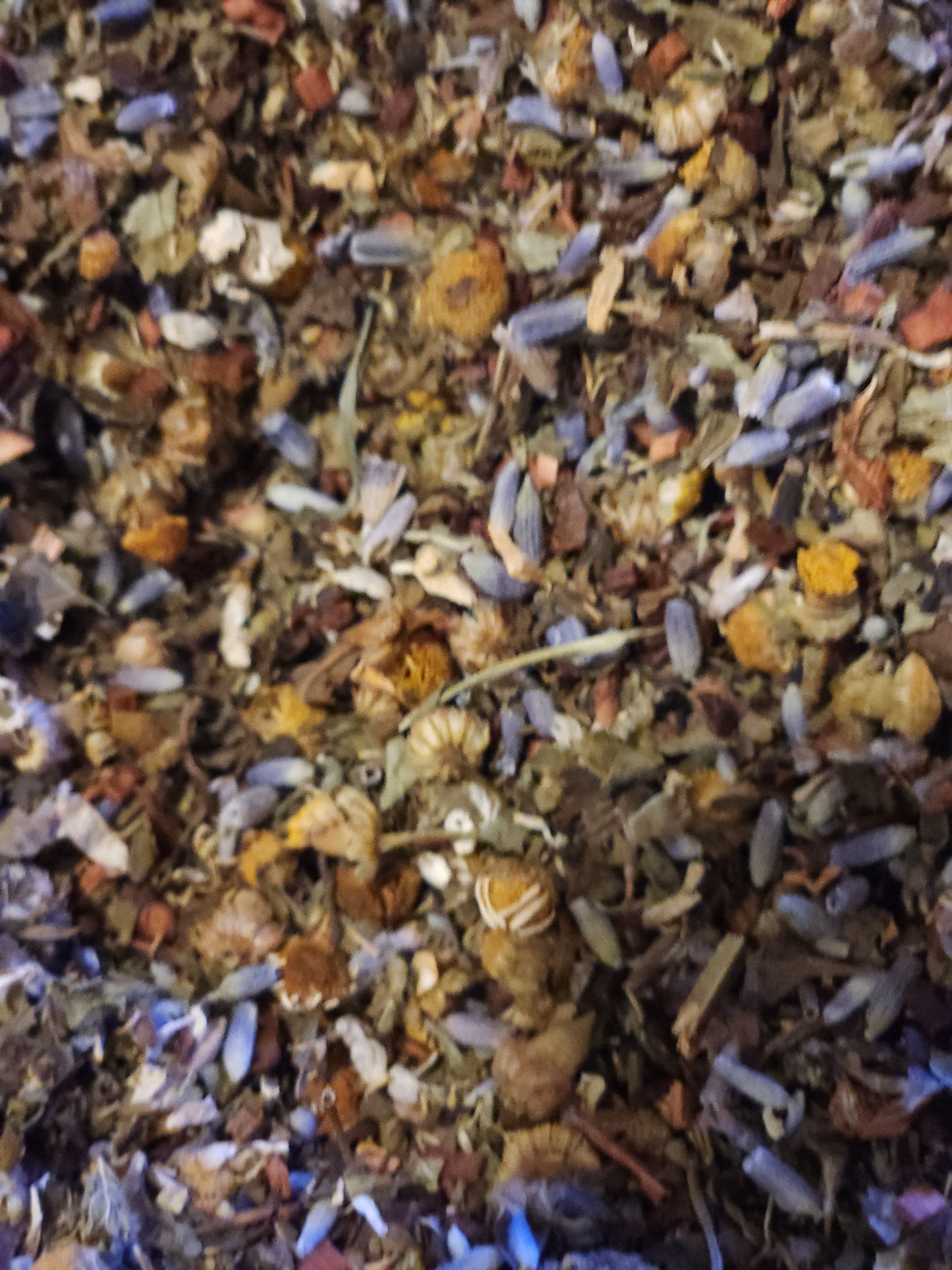 Close-up of a mix of dried herbs and flowers with various colors.