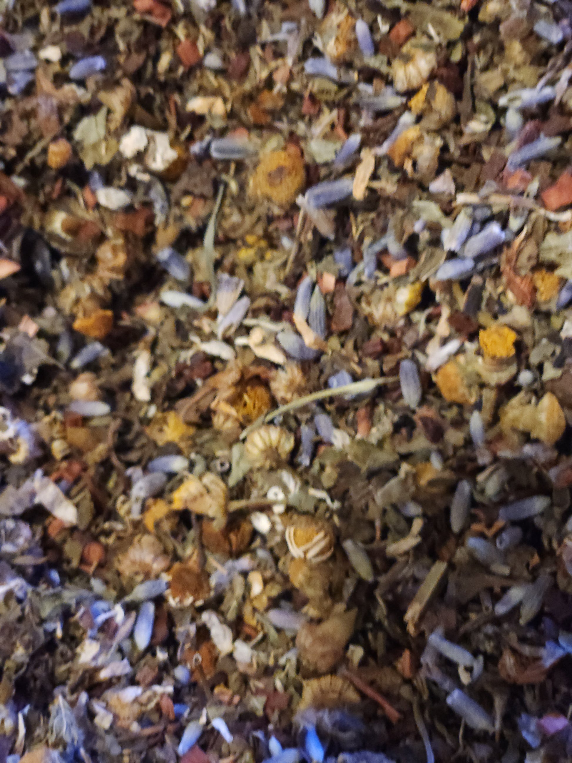 Close-up of a mix of dried herbs and flowers with various colors.