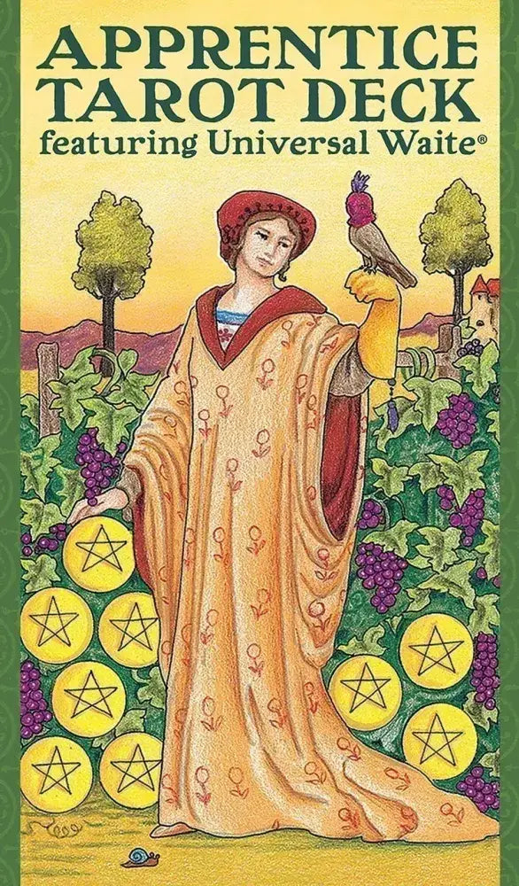 Cover of 'Apprentice Tarot Deck featuring Universal Waite' with a tarot card design.