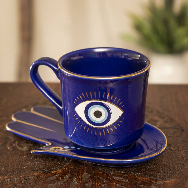 7oz Evil Eye Blue Tea Cup & Saucer