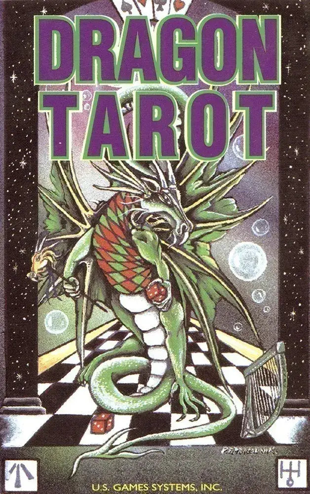 Cover of 'Dragon Tarot' with a stylized dragon illustration on a checkered background.
