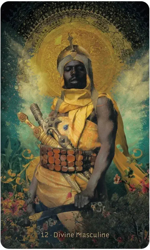 Divine Masculine tarot card with warrior figure in armor and yellow robe against a celestial background.