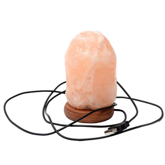 Himalayan salt lamp with wooden base on a white background