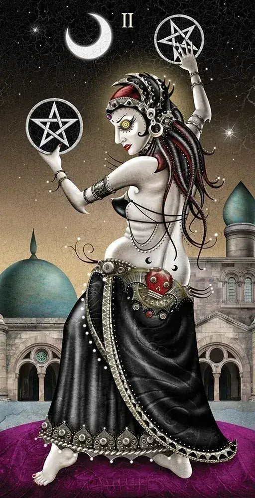 Artistic depiction of a woman holding pentacle symbols with architectural and celestial elements in the background.