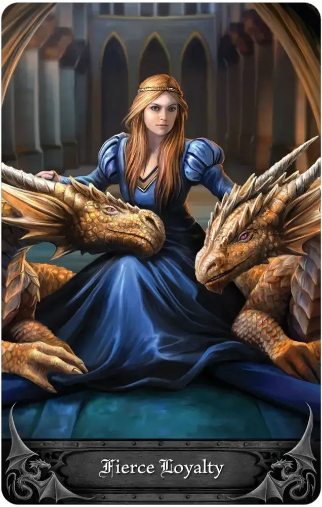 Woman in a blue dress sitting between two dragons with a gothic-style background.