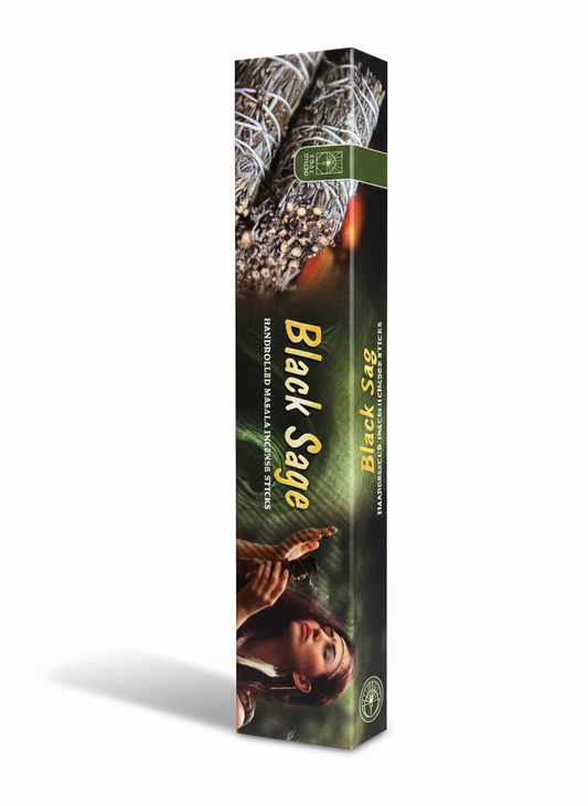 Box of Black Sage incense sticks with images and text on a white background