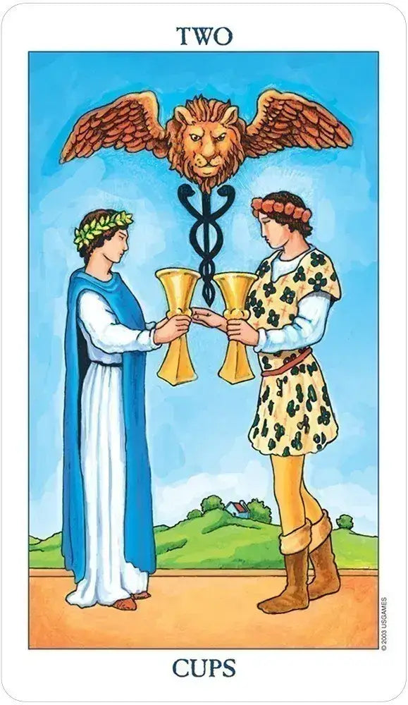 Two from Cups tarot card with two people holding chalices and a lion above them.