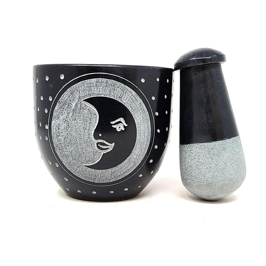 Moon Carved Black Soapstone Mortar &amp; Pestle