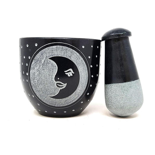 Moon Carved Black Soapstone Mortar &amp; Pestle