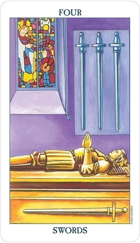 Four of Swords tarot card with a stained glass window and two swords on a purple background