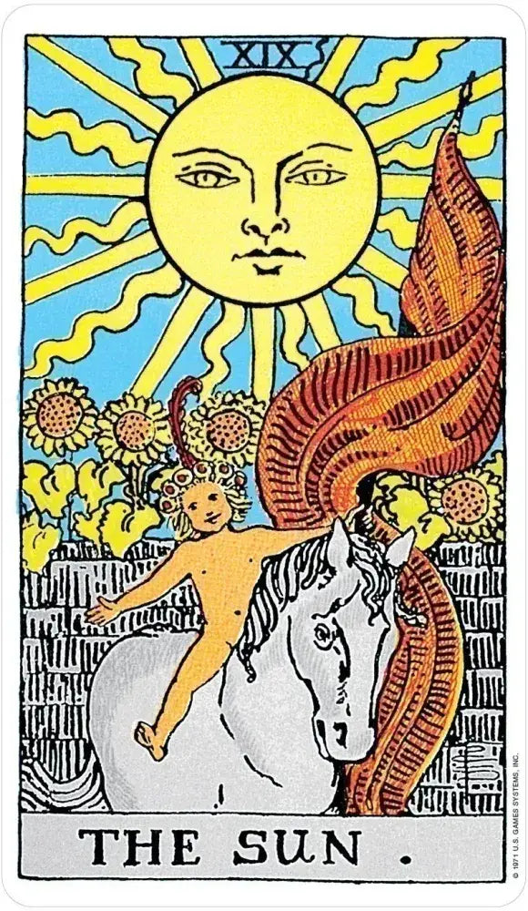 Tarot card titled 'The Sun' with a sun, horse, and person design.