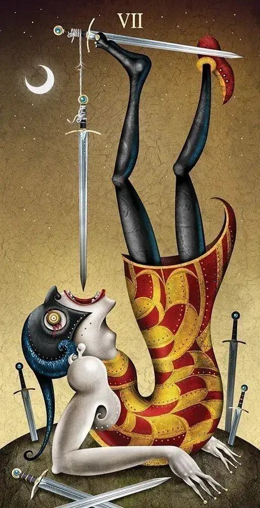 Artistic depiction of a vase with abstract figures and swords on a brown background