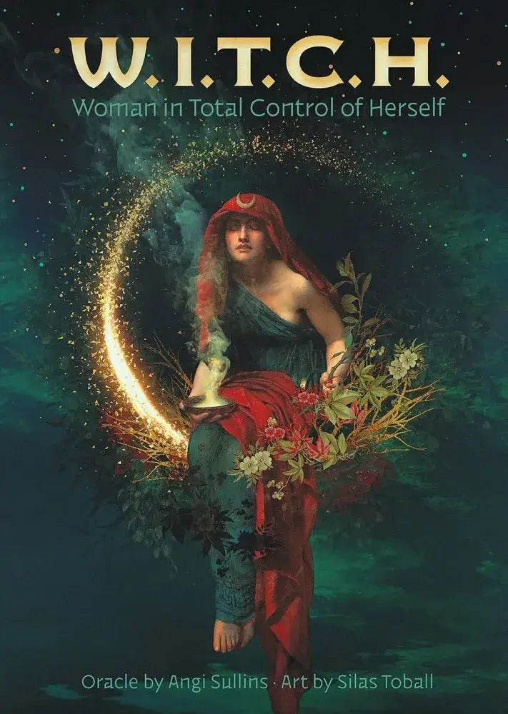 cover with a woman holding flowers and a glowing moon, titled 'W.I.T.C.H. Woman in Total Control of Herself'.