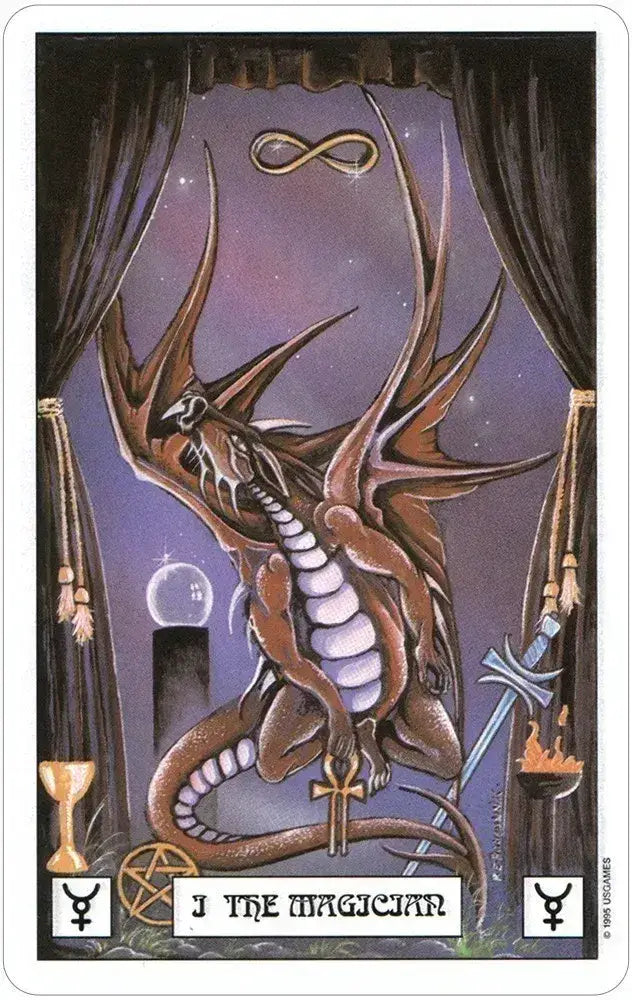 Card featuring a dragon with a chalice, cross, and infinity symbol, labeled 'J The Magician'.