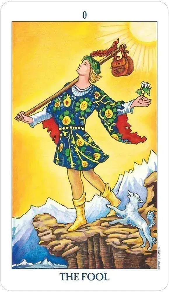 Tarot card featuring 'The Fool' with a person in colorful attire standing on a cliff.