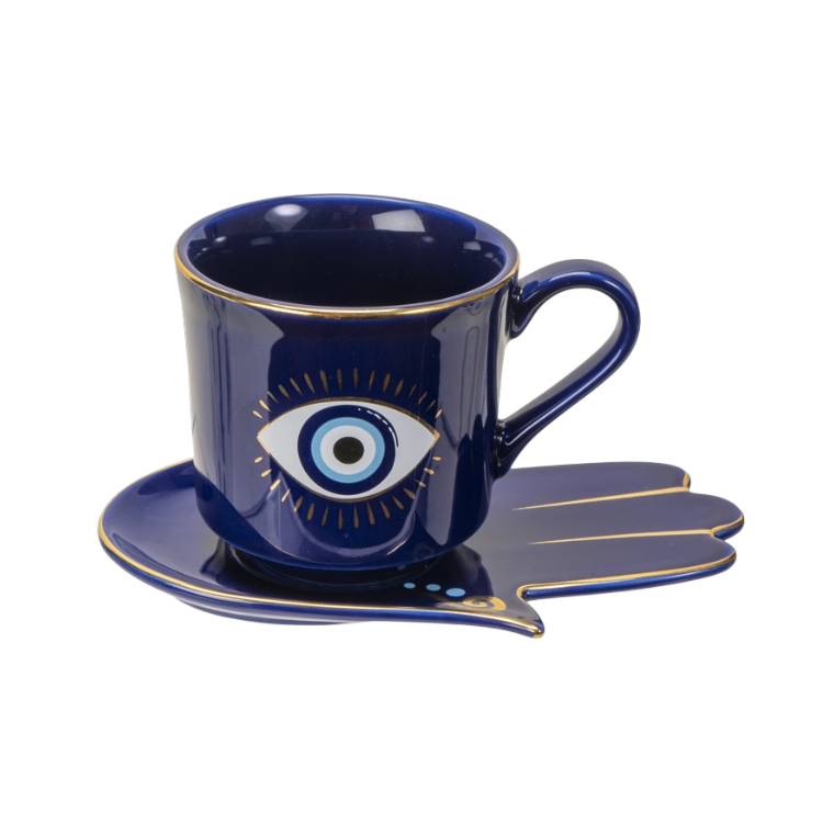 7oz Evil Eye Blue Tea Cup & Saucer