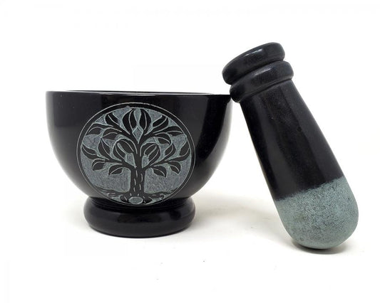 Tree of Life Carved Black Soapstone Mortar and Pestle