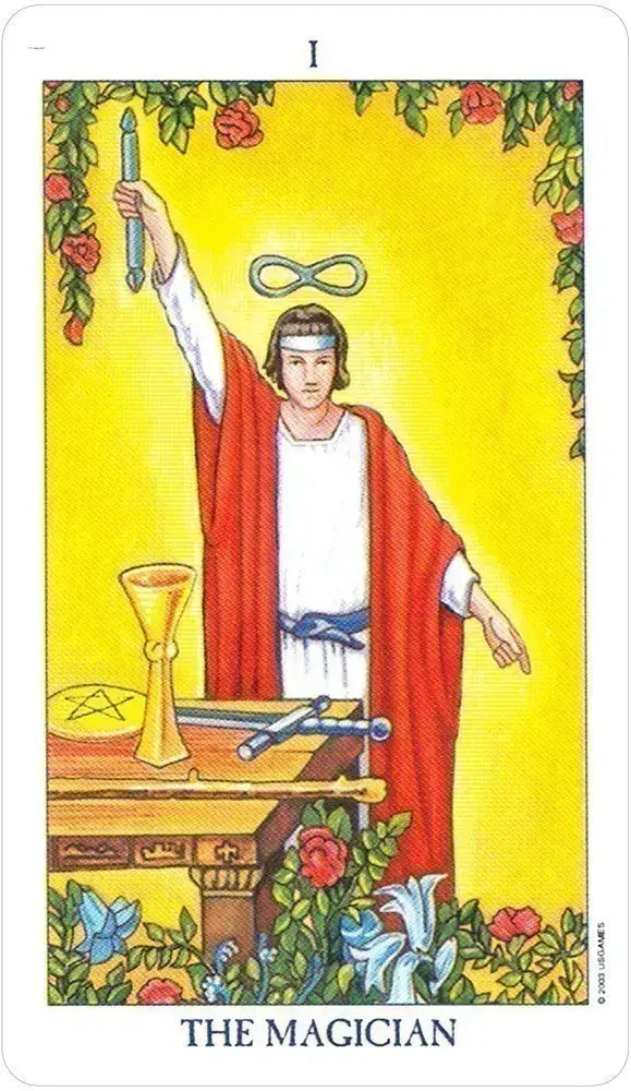 Tarot card featuring 'The Magician' with a person in red robes holding a staff against a yellow background.