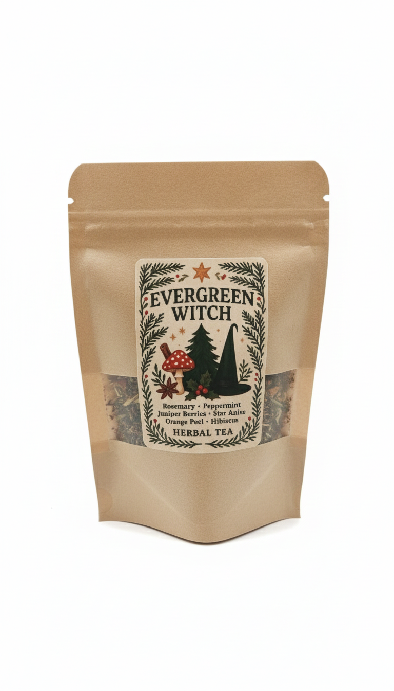 Kraft paper tea bag with 'Evergreen Witch' herbal tea label on a white background