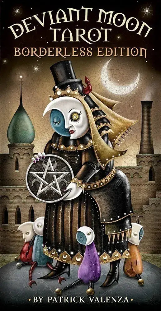 Cover of 'Deviant Moon Tarot Borderless Edition' by Patrick Valenza with a stylized figure holding a pentacle symbol.