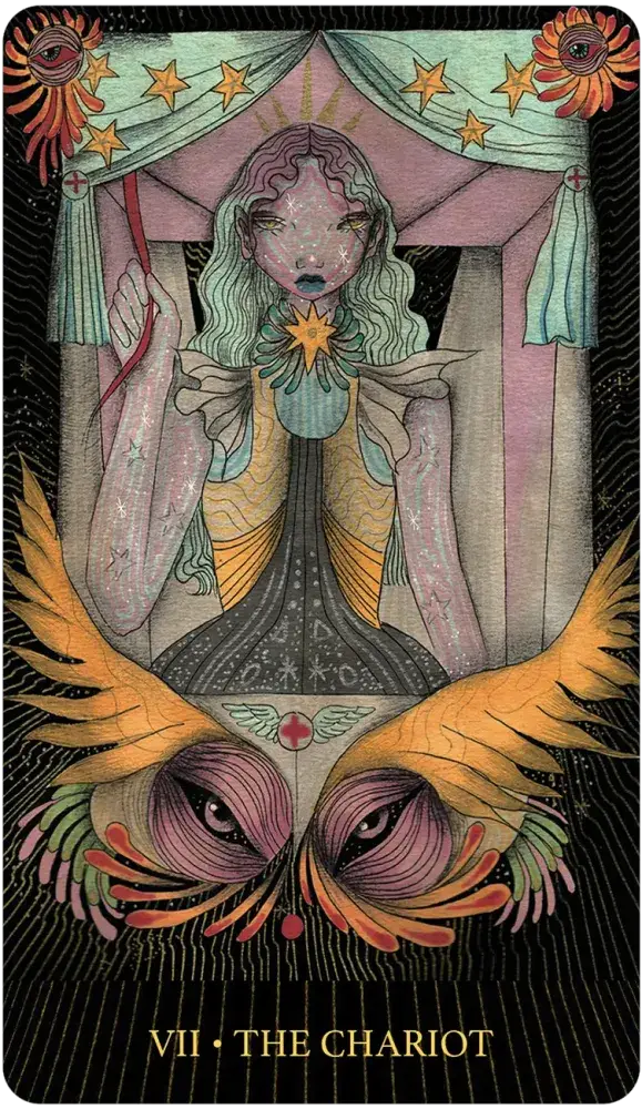 Tarot card titled 'The Chariot' with a stylized illustration of a woman and wings.