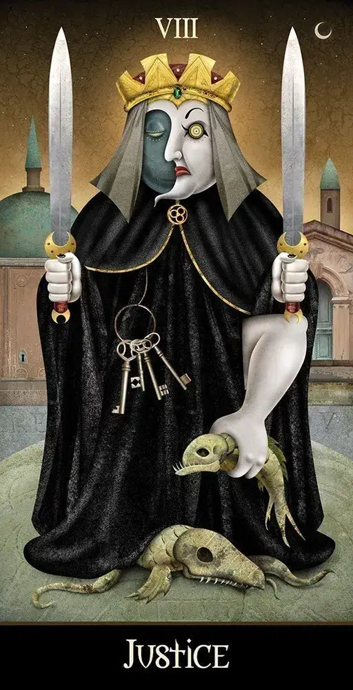 Tarot card featuring a figure holding two swords, keys, and a skull, with 'Justice' at the bottom.