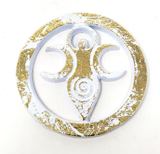 Goddess Metal Altar Tile – White with Gold Finish (4")