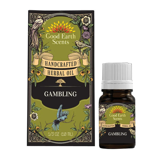 Good Earth Scents Gambling handcrafted herbal oil packaging and bottle on a white background