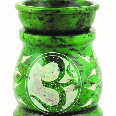 Green and black marbled container with a white symbol on a white background Oil Burner