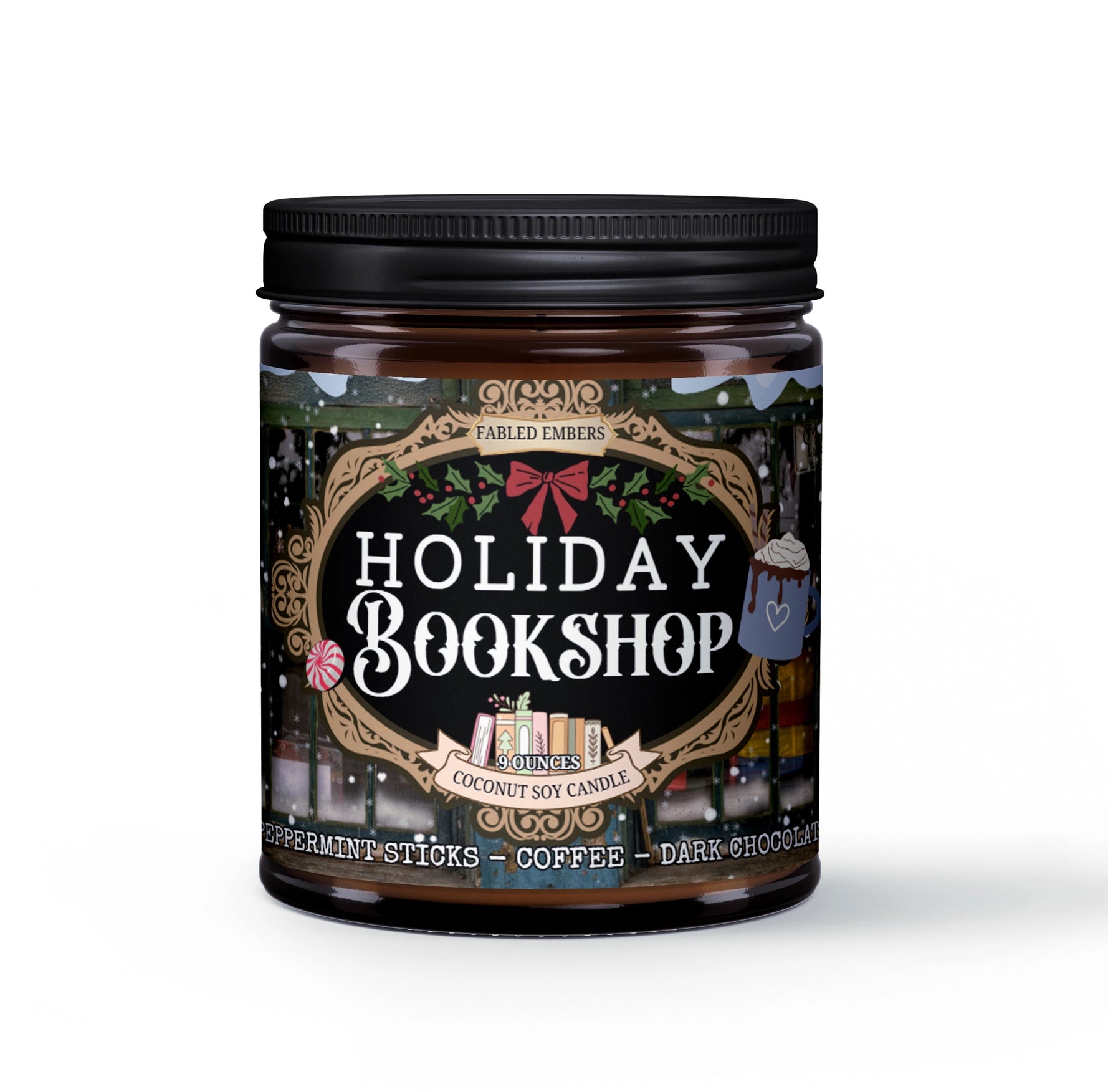 Candle jar with 'Holiday Bookshop' label on a white background