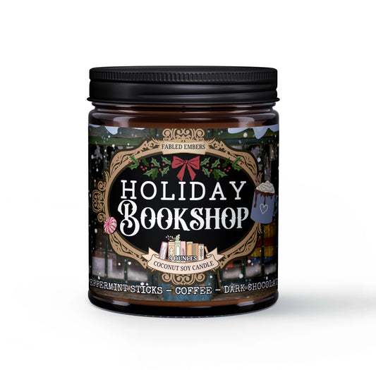 Candle jar with 'Holiday Bookshop' label on a white background