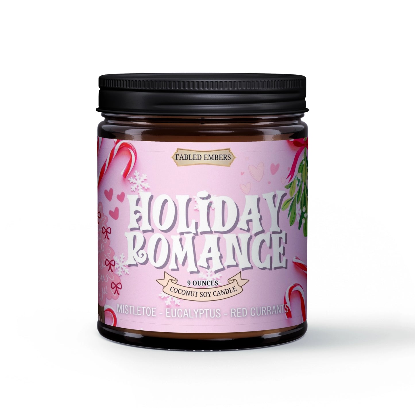 Candle jar labeled 'Holiday Romance' with a pink label on a white background