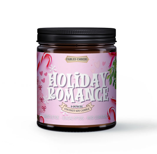 Candle jar labeled 'Holiday Romance' with a pink label on a white background