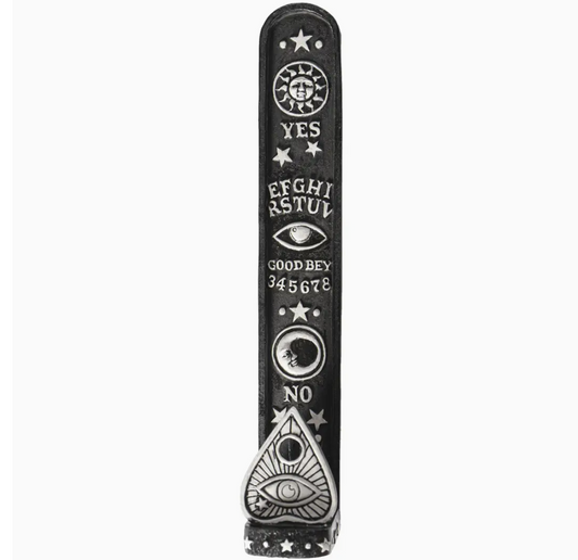 Black and white spirit board with symbols and letters on a white background incense burner