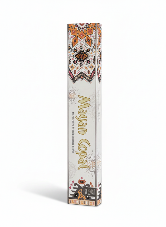 Decorative Mayan Copal incense stick box on a white background