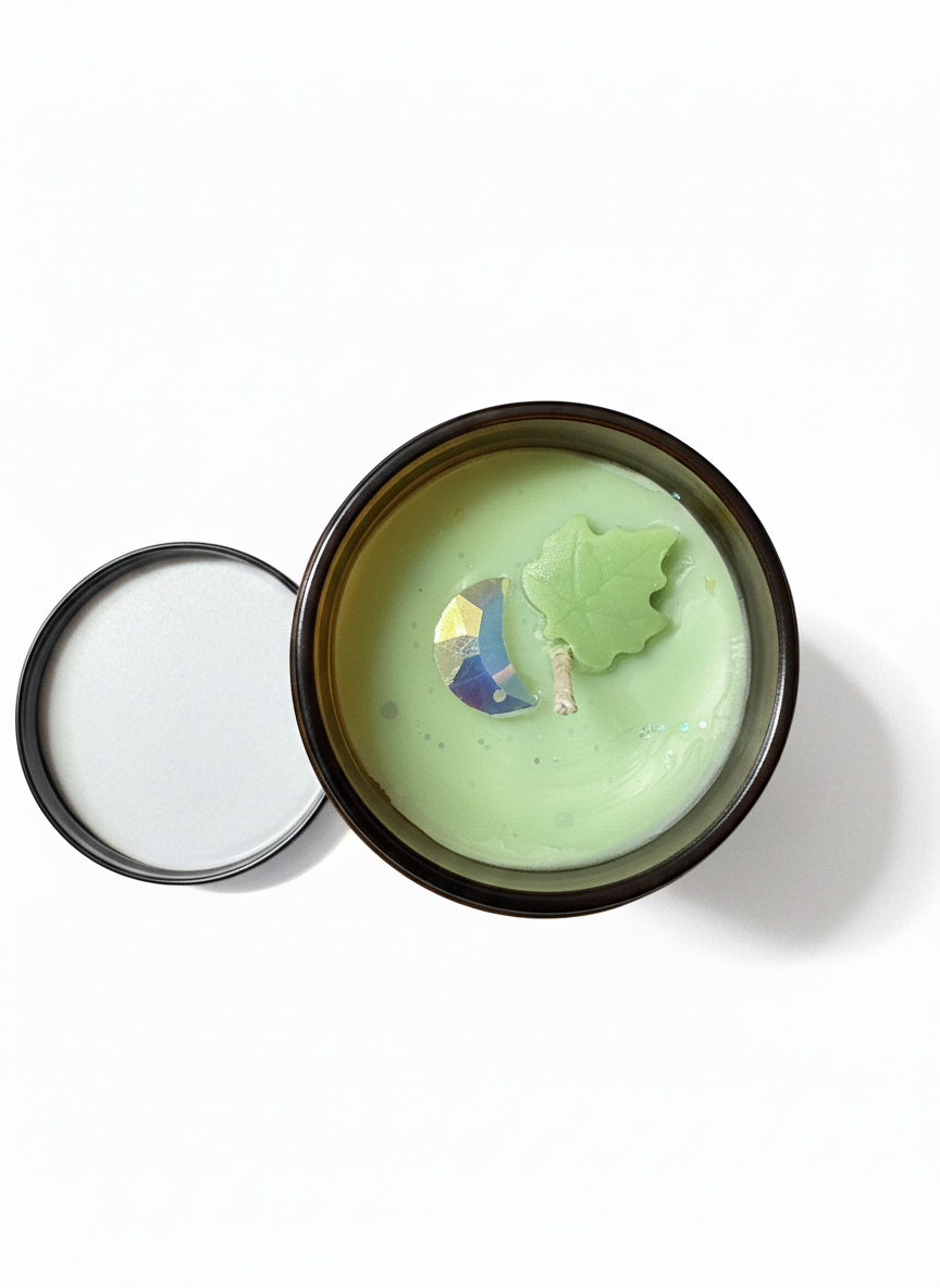 Green candle in a black container with a leaf-shaped wick on a white background