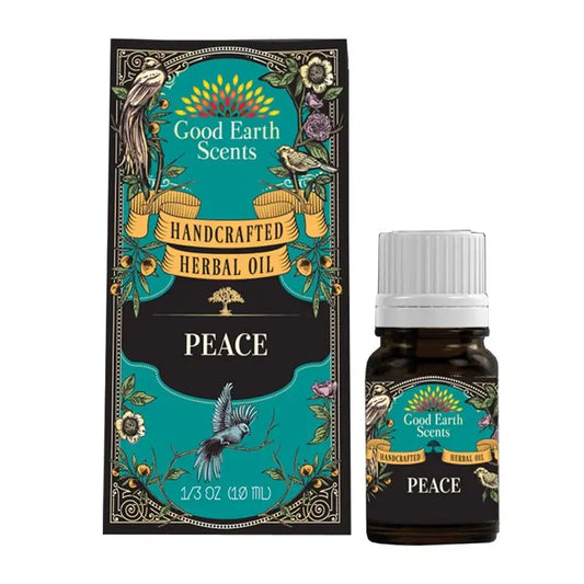 Good Earth Scents Peace herbal oil packaging and bottle on a white background