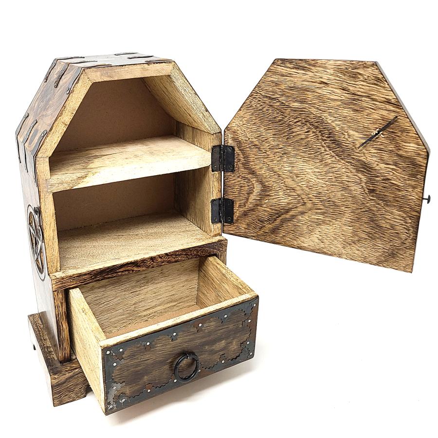 Wooden jewelry box with open lid and drawer on a white background