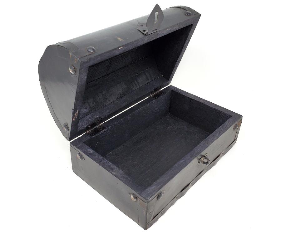 Open black wood trunk on a white background