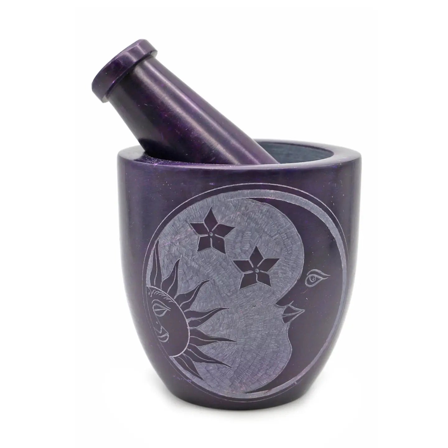 Purple mortar and pestle with star and moon designs on a white background