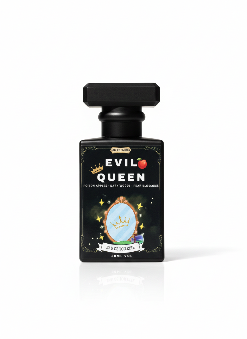 Perfume bottle labeled 'Evil Queen' on a white background