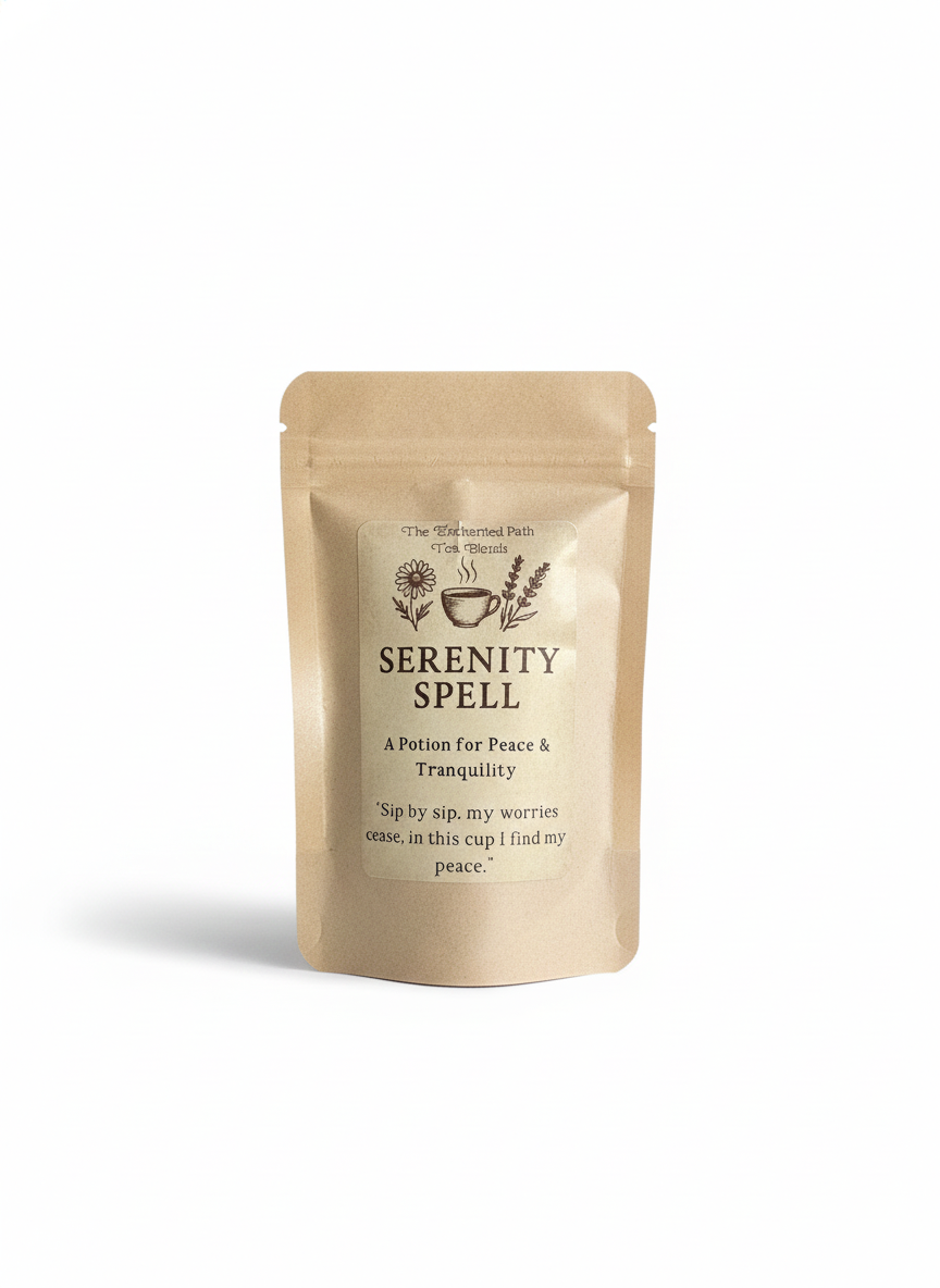 Beige packaging labeled 'Serenity Spell' on a white background