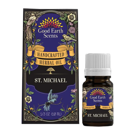 Good Earth Scents St. Michael herbal oil packaging and bottle on a white background