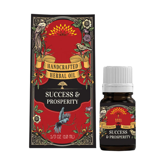 Handcrafted herbal oil packaging with decorative design and bottle on a white background Success and Prosperity