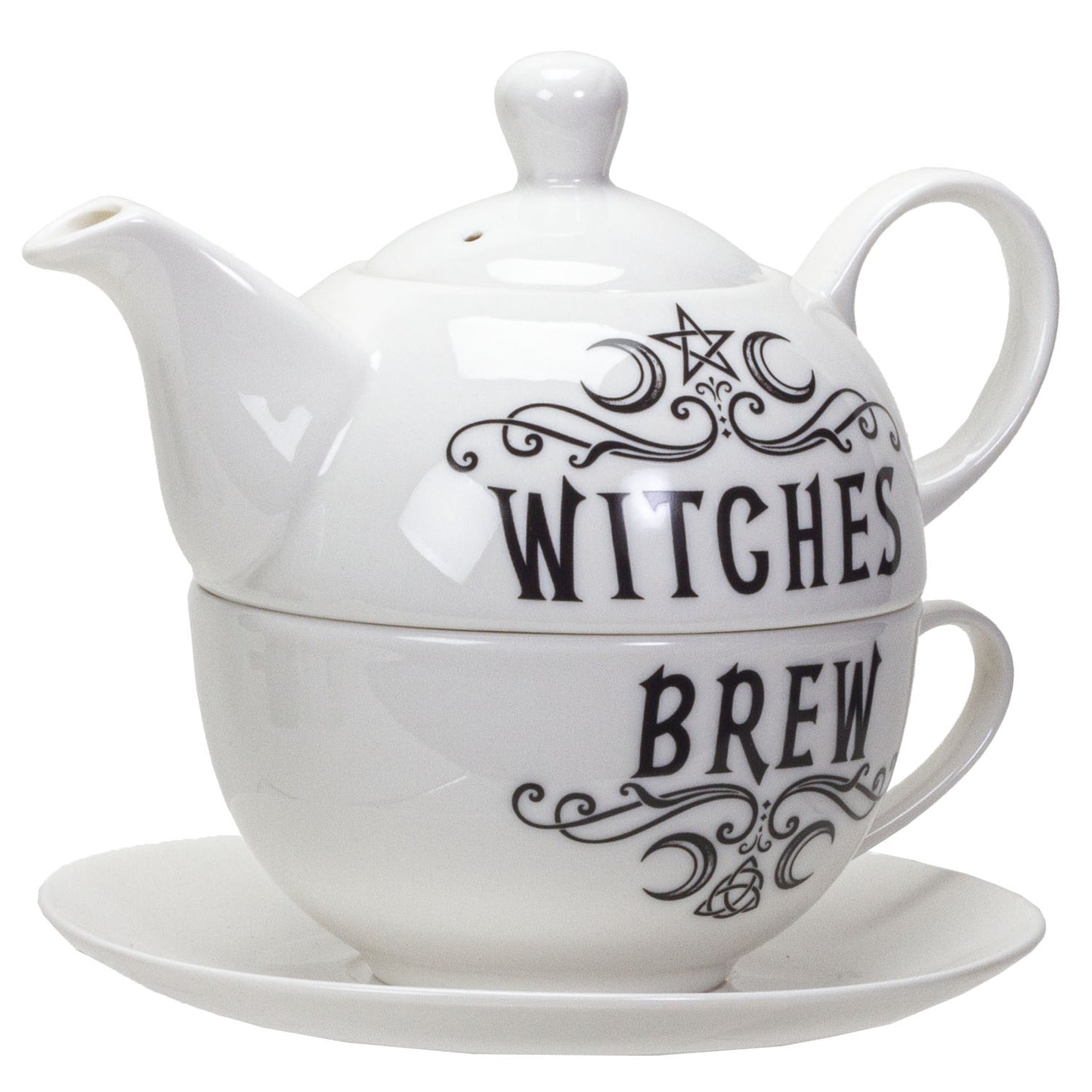 White teapot and mug set with 'Witches Brew' text on a white background